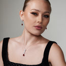 Juego de aretes colgantes y collar colgante con circonita cúbica redonda transparente y lágrima roja chapada en rodio de plata 925 - BGS00295