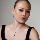 Juego de aretes colgantes y collar colgante con forma de lágrima morada y circonita cúbica redonda transparente chapada en rodio de plata 925 - BGS00296