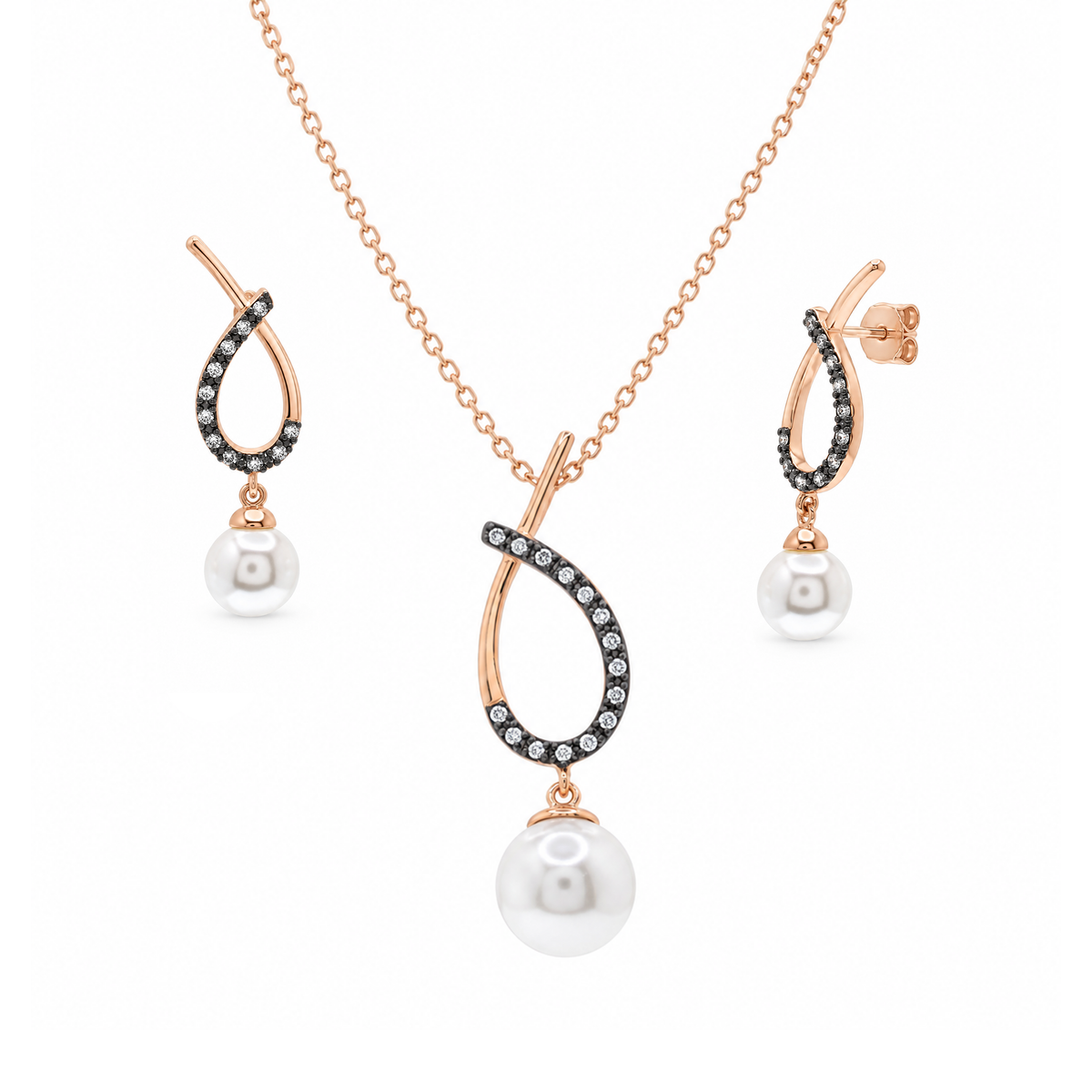 Two-Tone 925 Sterling Silver Open Overlap Teardrop Oval Pearl & CZ Dangle Earring and Hanging Necklace Set - BGS00304