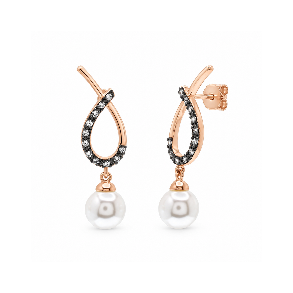 Two-Tone 925 Sterling Silver Open Overlap Teardrop Oval Pearl & CZ Dangle Earring and Hanging Necklace Set - BGS00304