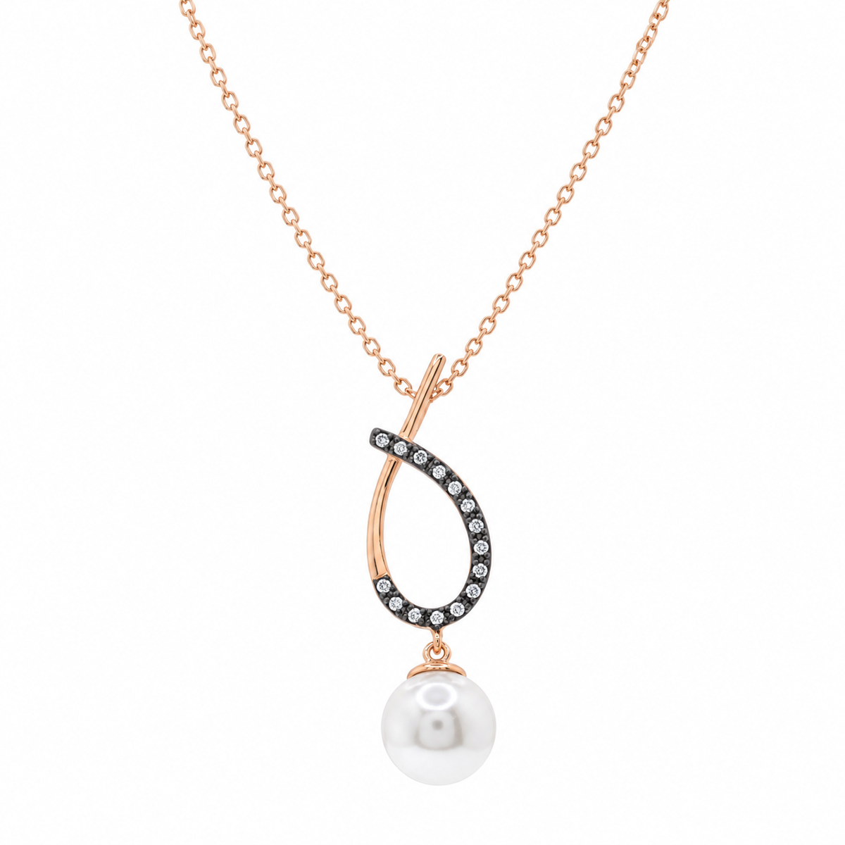 Two-Tone 925 Sterling Silver Open Overlap Teardrop Oval Pearl & CZ Dangle Earring and Hanging Necklace Set - BGS00304