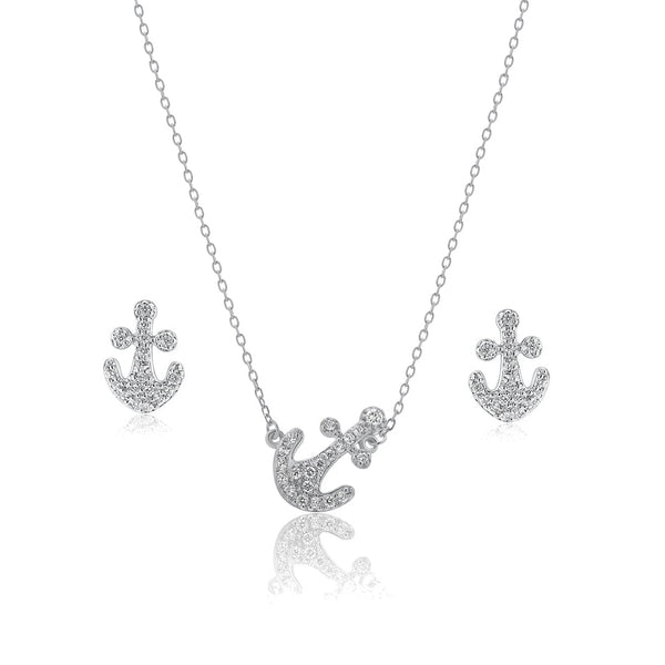 Silver 925 Rhodium Plated Pave Set Clear Anchor CZ Stud Earring and Necklace Set - BGS00307