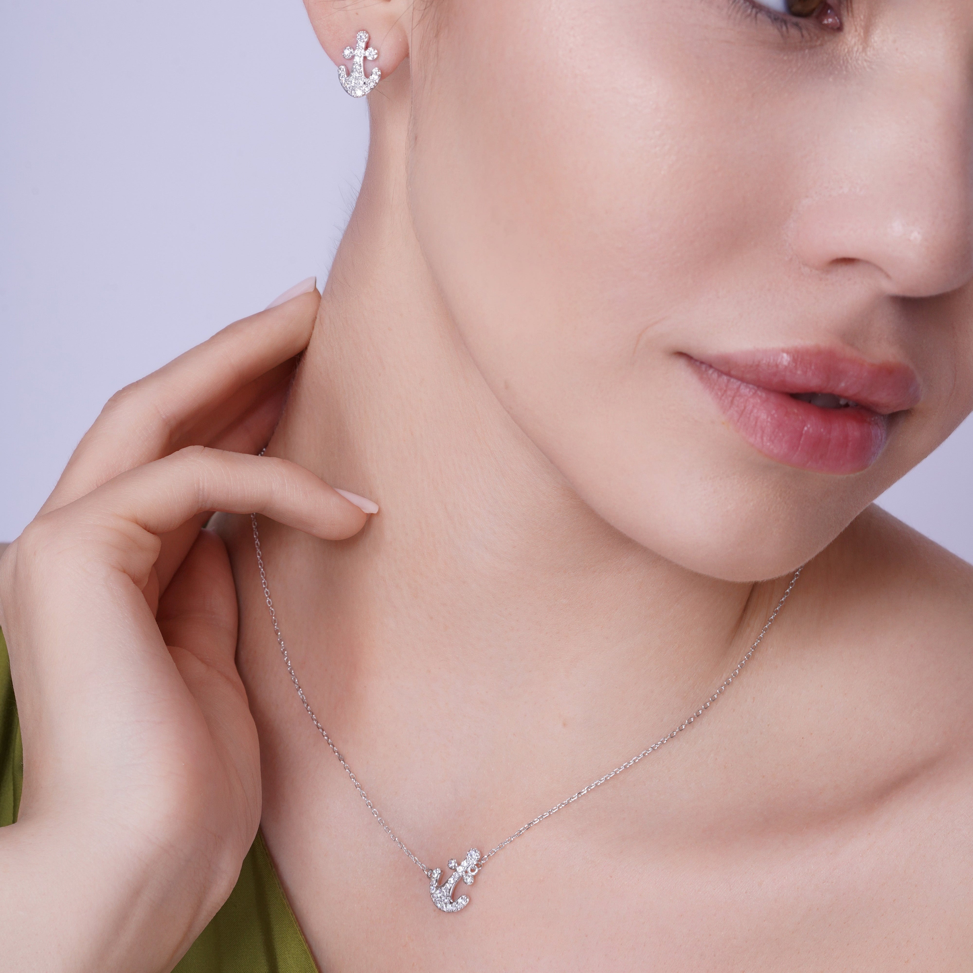 Silver 925 Rhodium Plated Pave Set Clear Anchor CZ Stud Earring and Necklace Set - BGS00307