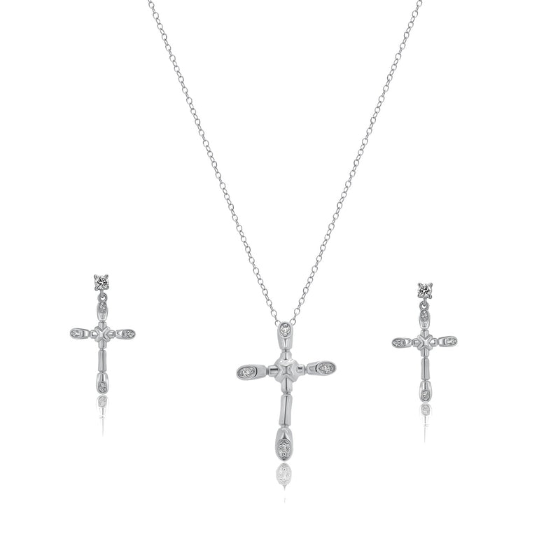Silver 925 Rhodium Plated Bone Cross CZ Necklace and Earrings Set - BGS00308