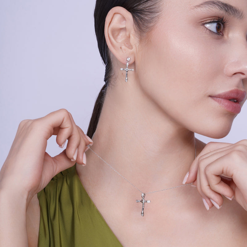 Silver 925 Rhodium Plated Bone Cross CZ Necklace and Earrings Set - BGS00308