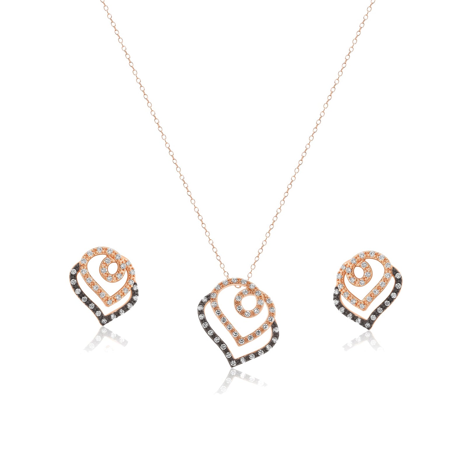 Clearance-Silver 925 Black Rhodium and Rose Gold Plated Open Curl Heart Clear CZ Stud Earring and Necklace Set - BGS00310