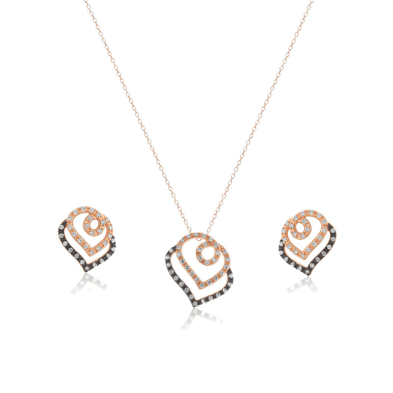 Liquidación - Conjunto de aretes y collar con corazón de circonitas transparentes, rodio negro y baño de oro 925 - BGS00310