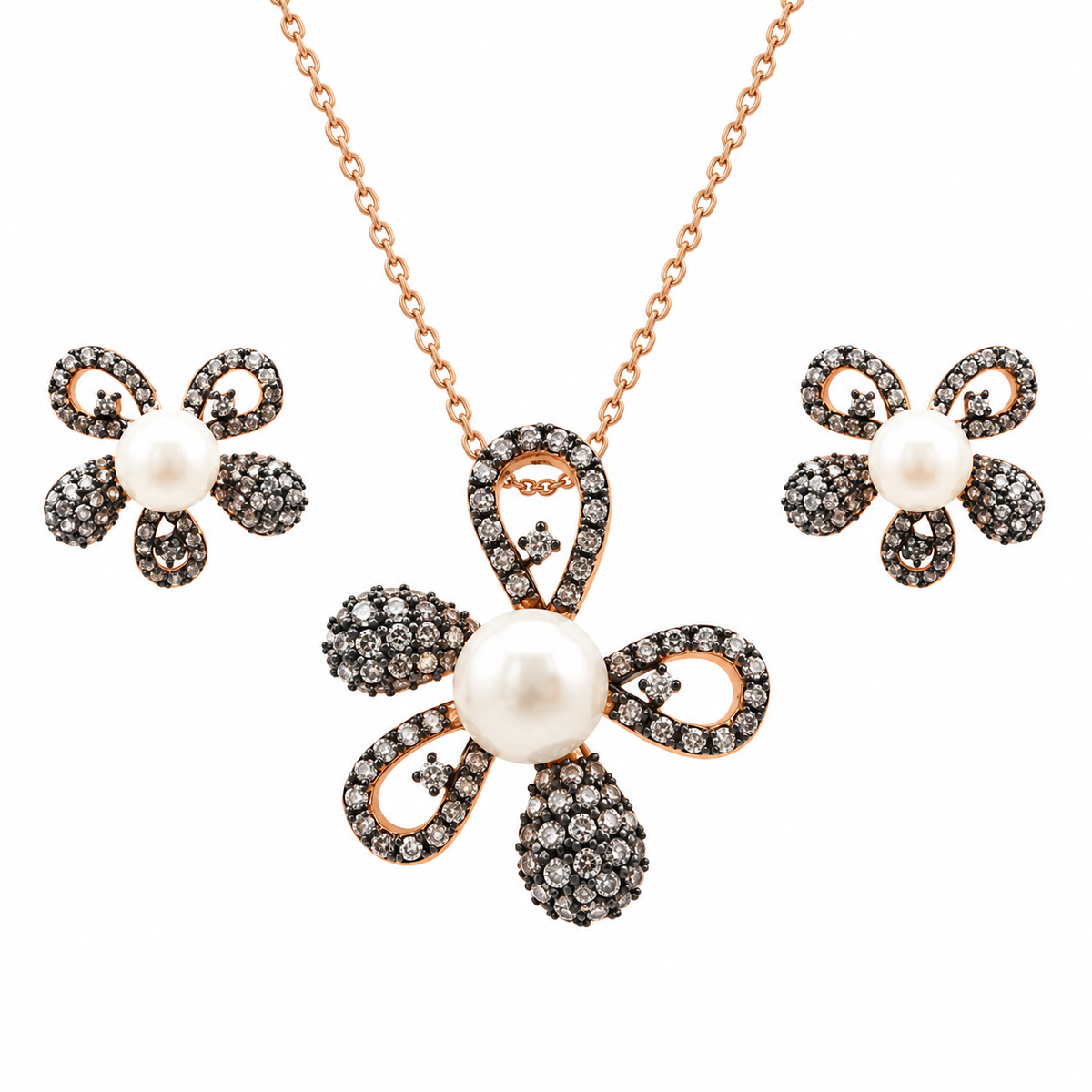 Liquidación - Conjunto de aretes y collar con perla, flor de circonita transparente y baño de oro y rodio negro en plata 925 - BGS00317