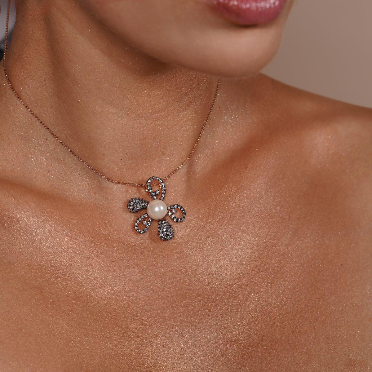 Clearance-Black Rhodium and Gold Plated Clear CZ & Pearl Abstract Flower Earring and Necklace Set - BGS00317