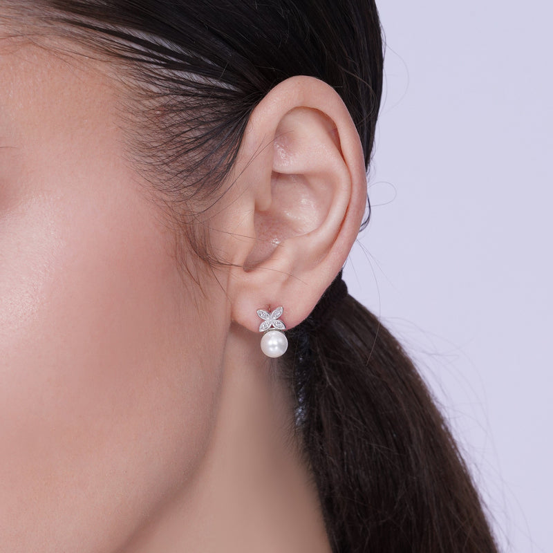 Rhodium Plated 925 Sterling Silver Clear CZ Hanging Pearl Butterfly Set - BGS00319