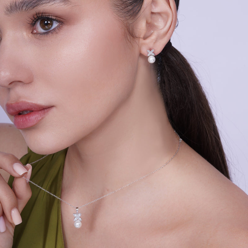 Rhodium Plated 925 Sterling Silver Clear CZ Hanging Pearl Butterfly Set - BGS00319