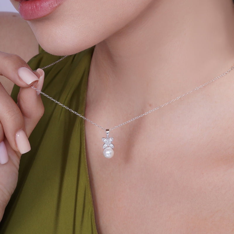 Rhodium Plated 925 Sterling Silver Clear CZ Hanging Pearl Butterfly Set - BGS00319