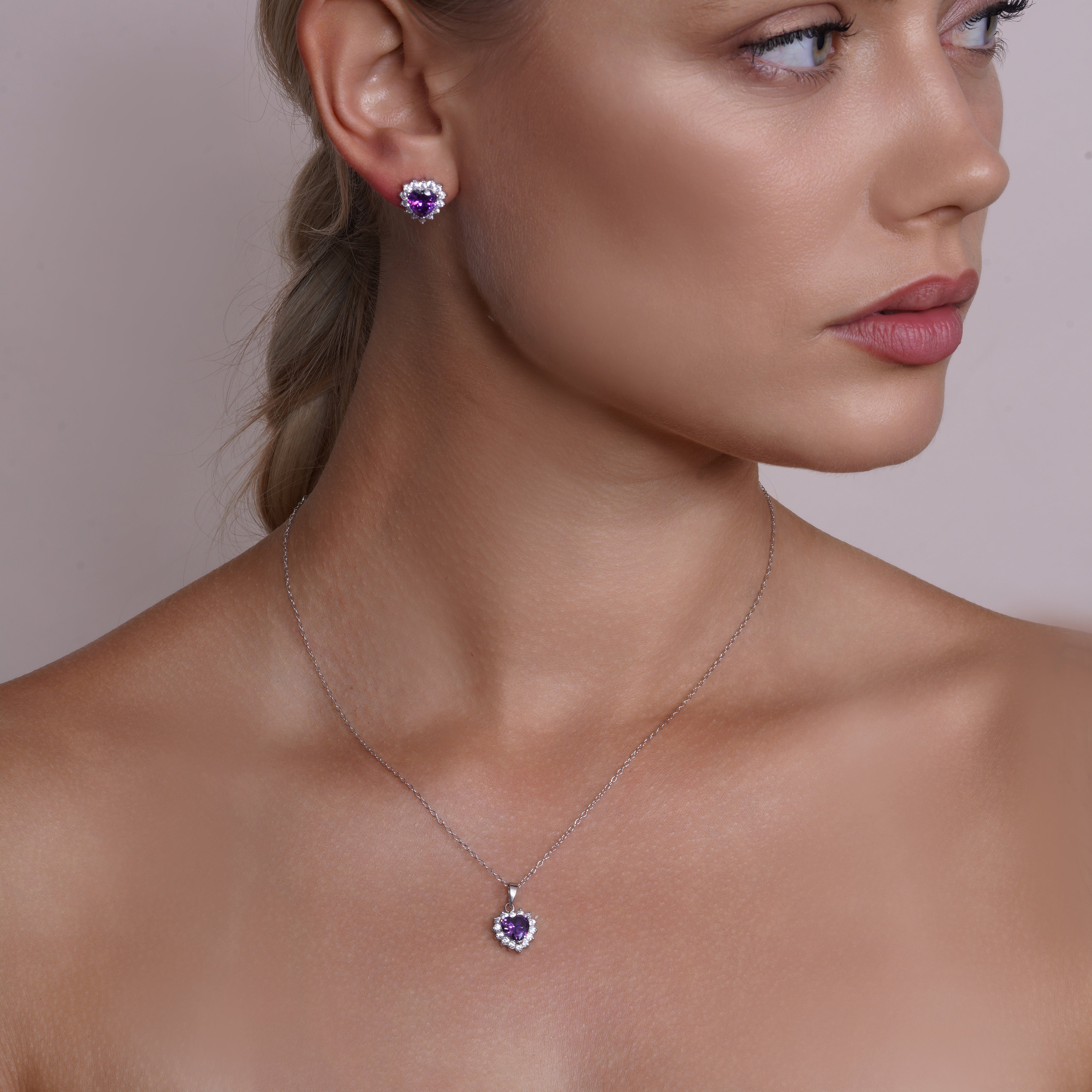 Rhodium Plated 925 Silver CZ Birthstone Heart & Cluster Earring and Necklace Set - BGS000323 | BGS00324 | BGS00325