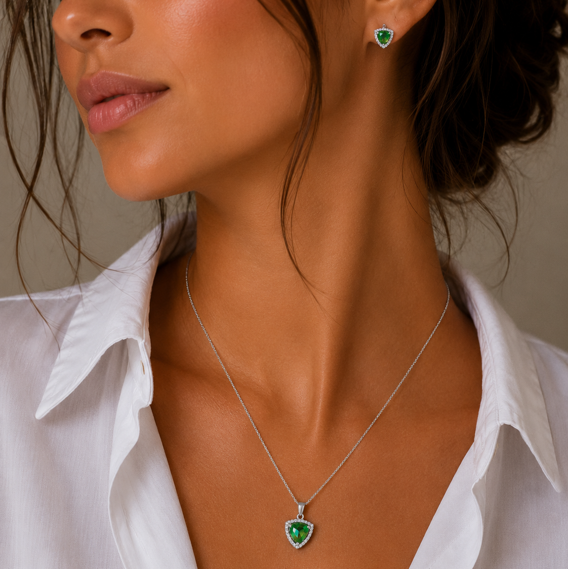 Rhodium Plated 925 Sterling Silver Birtstone CZ Triangle Cusion Earring & Pendant Set - BGS00326| BGS00327 | BGS00328 | BGS00329