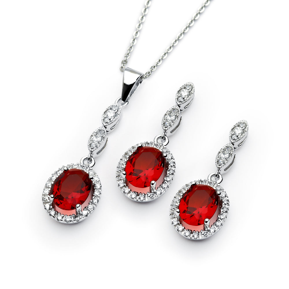 Conjunto de aretes y collar colgantes de plata 925 rodiada con piedra de nacimiento y circonita cúbica ovalada transparente - BGS00330