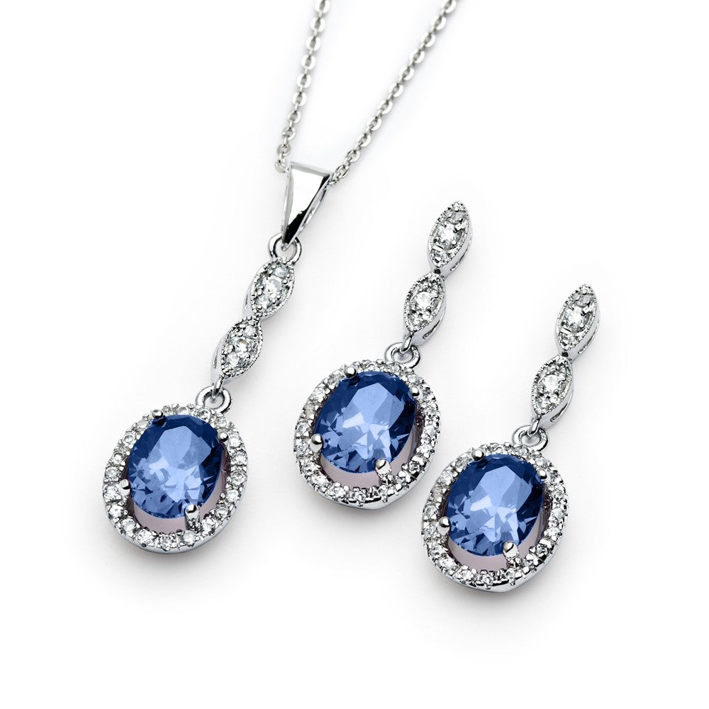 Conjunto de aretes y collar colgantes de plata 925 rodiada con piedra de nacimiento y circonita cúbica ovalada transparente - BGS00330
