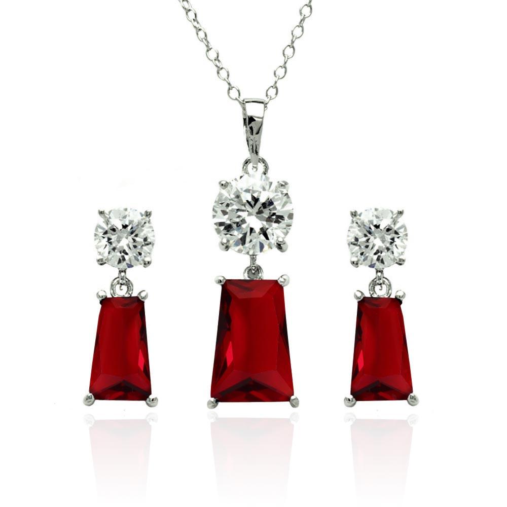 Silver 925 Rhodium Plated Clear Round Birthstone Rectangular CZ Dangling Stud Earring and Dangling Necklace Set - BGS00360| BGS00360| BGS00362