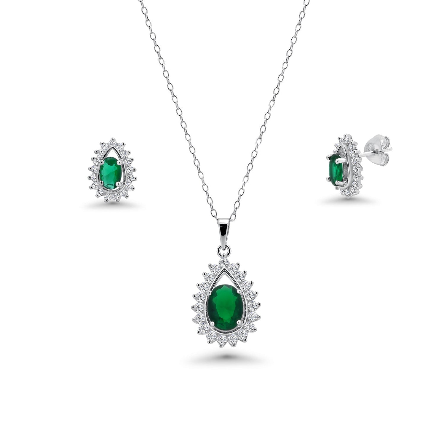 Rhodium Plated 925 Silver Colored CZ Birthstone Tear Drop Cluster Earring and Necklace Set - BGS00363 | BGS00364 | BGS00366 |BGS00367