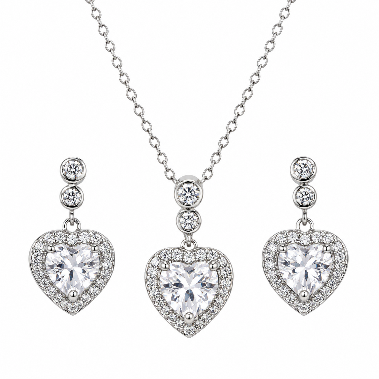 Juego de collar y aretes colgantes con circonita cúbica en forma de corazón transparente y rojo chapado en rodio en plata 925 - BGS00372