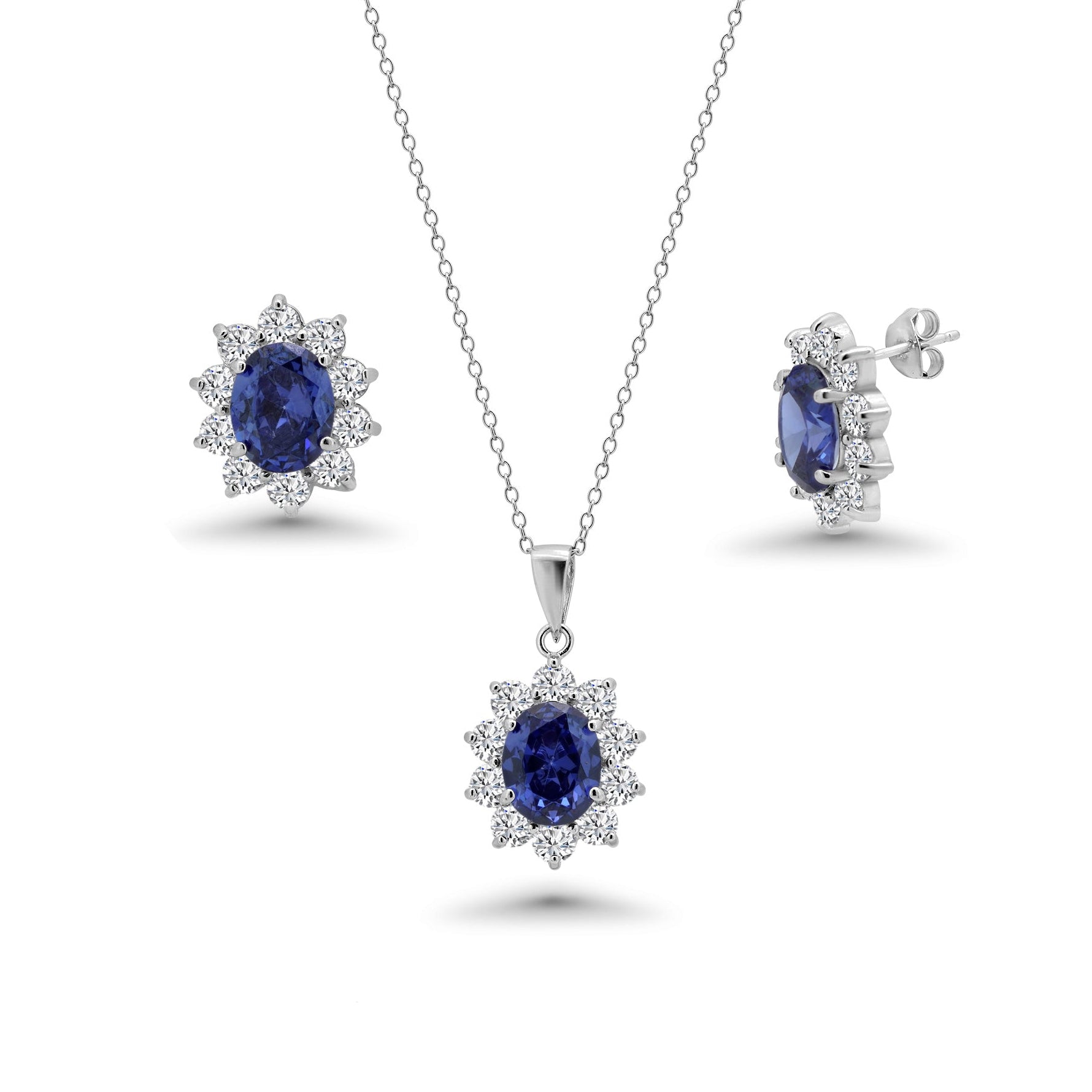 Juego de aretes y collar con circonita cúbica y flor en racimo azul, chapado en rodio, plata 925, BGS00394