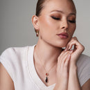 Silver 925 Gold Plated Clear and Red Oval Slim Teardrop CZ Dangling Stud Earring and Dangling Necklace Set - BGS00395