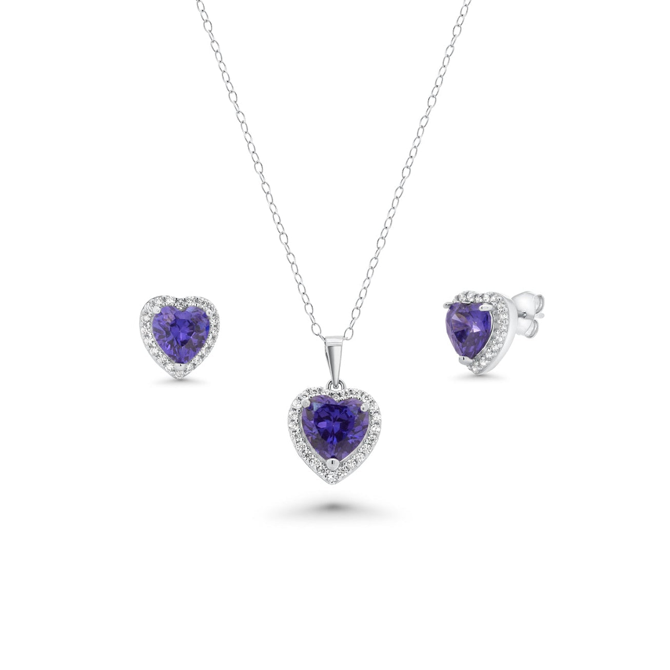Silver 925 Rhodium Plated Clear Cluster Blue Heart CZ Stud Earring and Necklace Set - BGS00398
