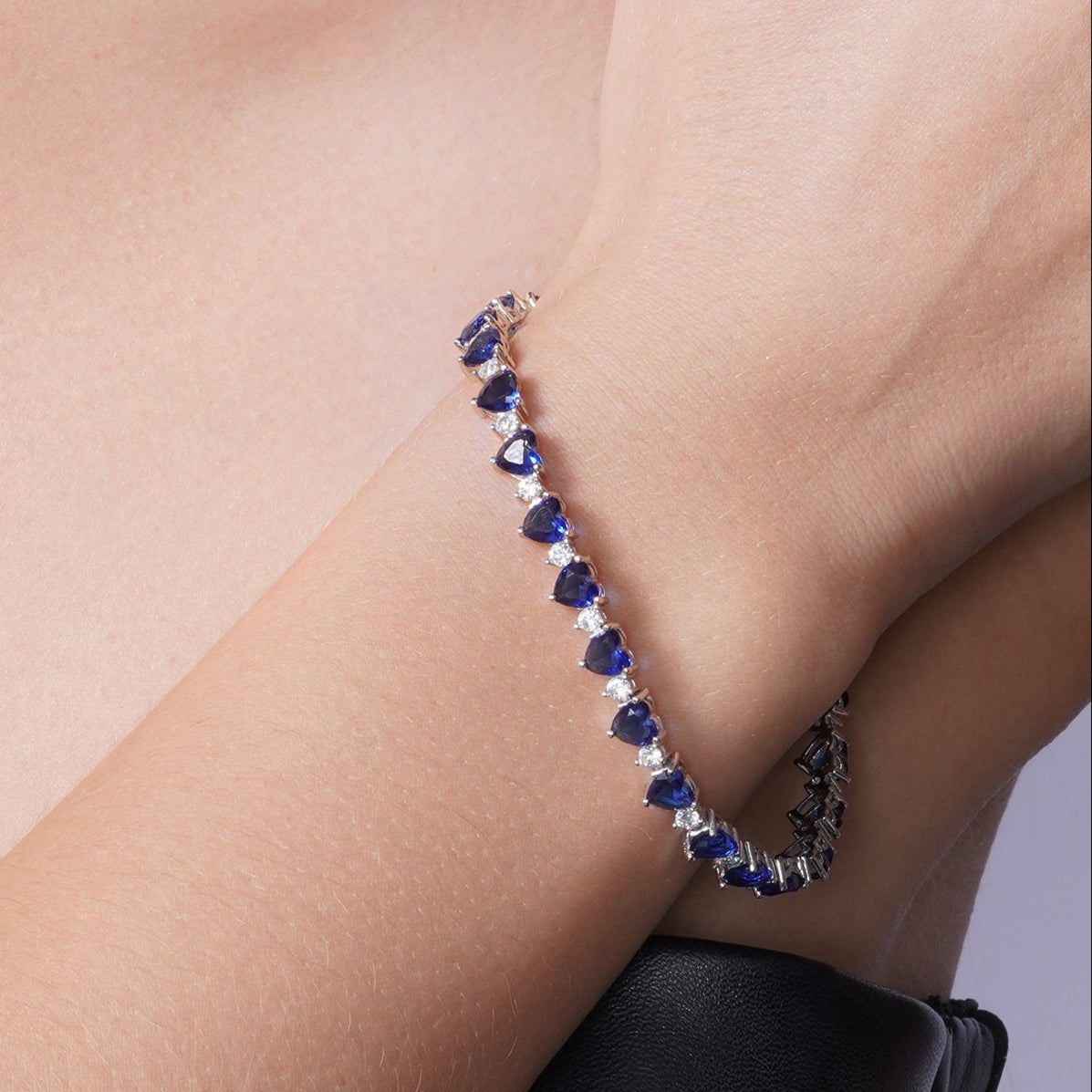 Rhodium Plated 925 Sterling Silver Heart Blue CZ 6mm Tennis