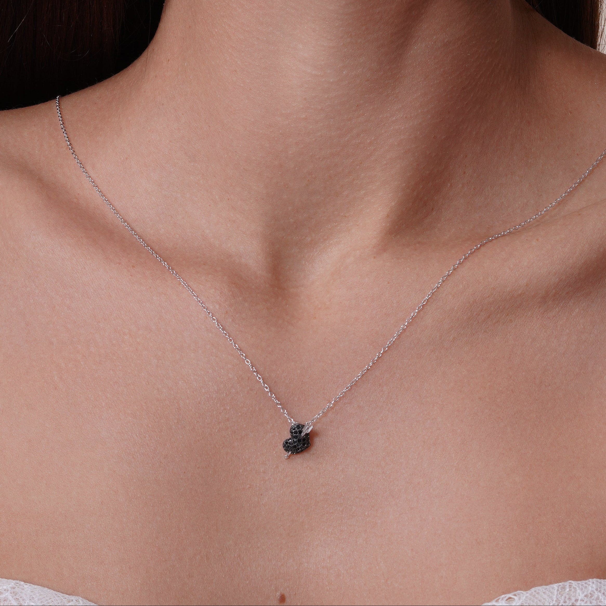 Silver 925 Rhodium and Black Rhodium Plated Black Heart Arrow CZ Hook Earring and Necklace Set - BGS00403
