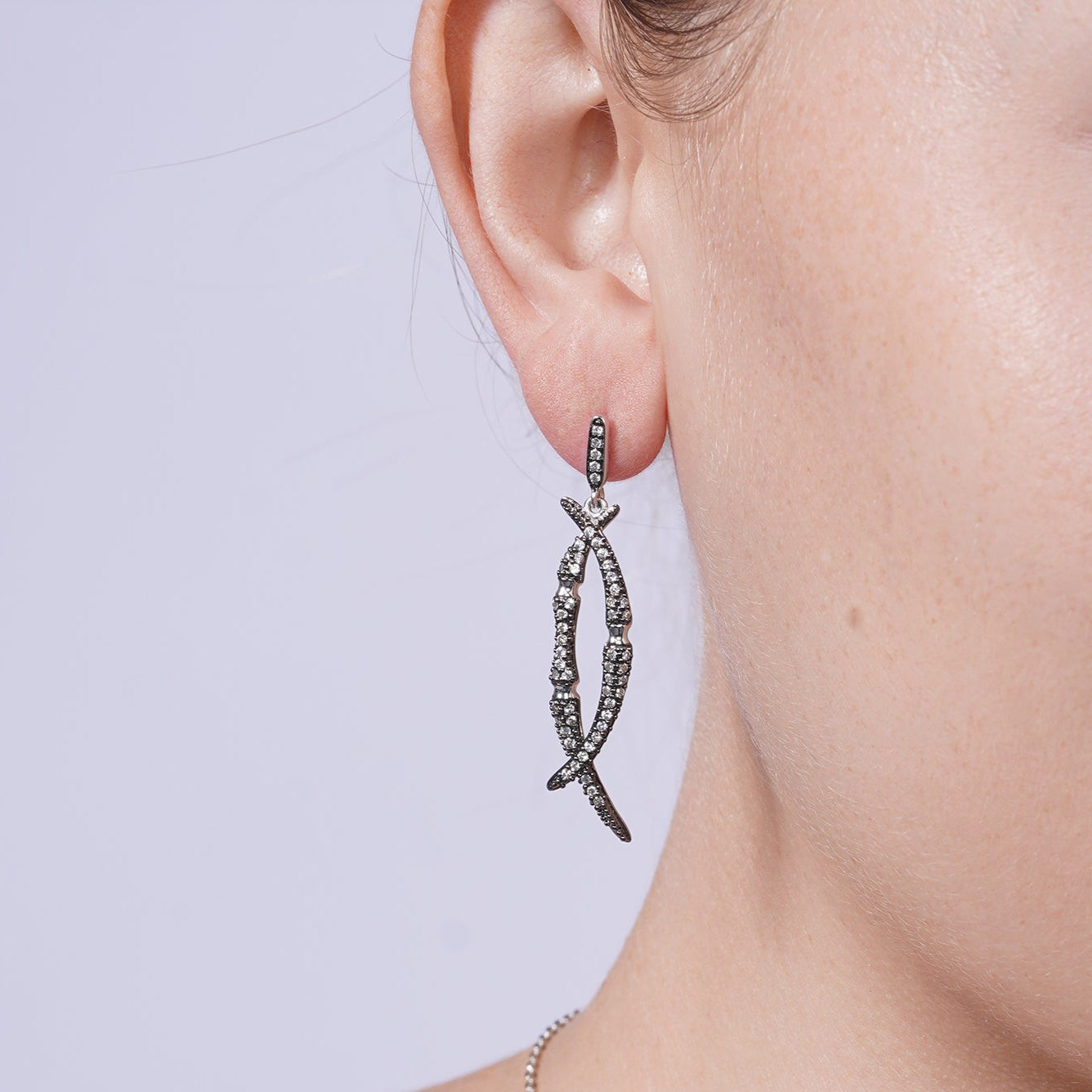 Clearance-Silver 925 Black Rhodium Plated Clear Overlap Marquise CZ Dangling  Set - BGS00412