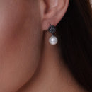 Oxidized 925 Sterling Silver Rhodium Plated Black Pearl Drop CZ Dangling Set - BGS00415