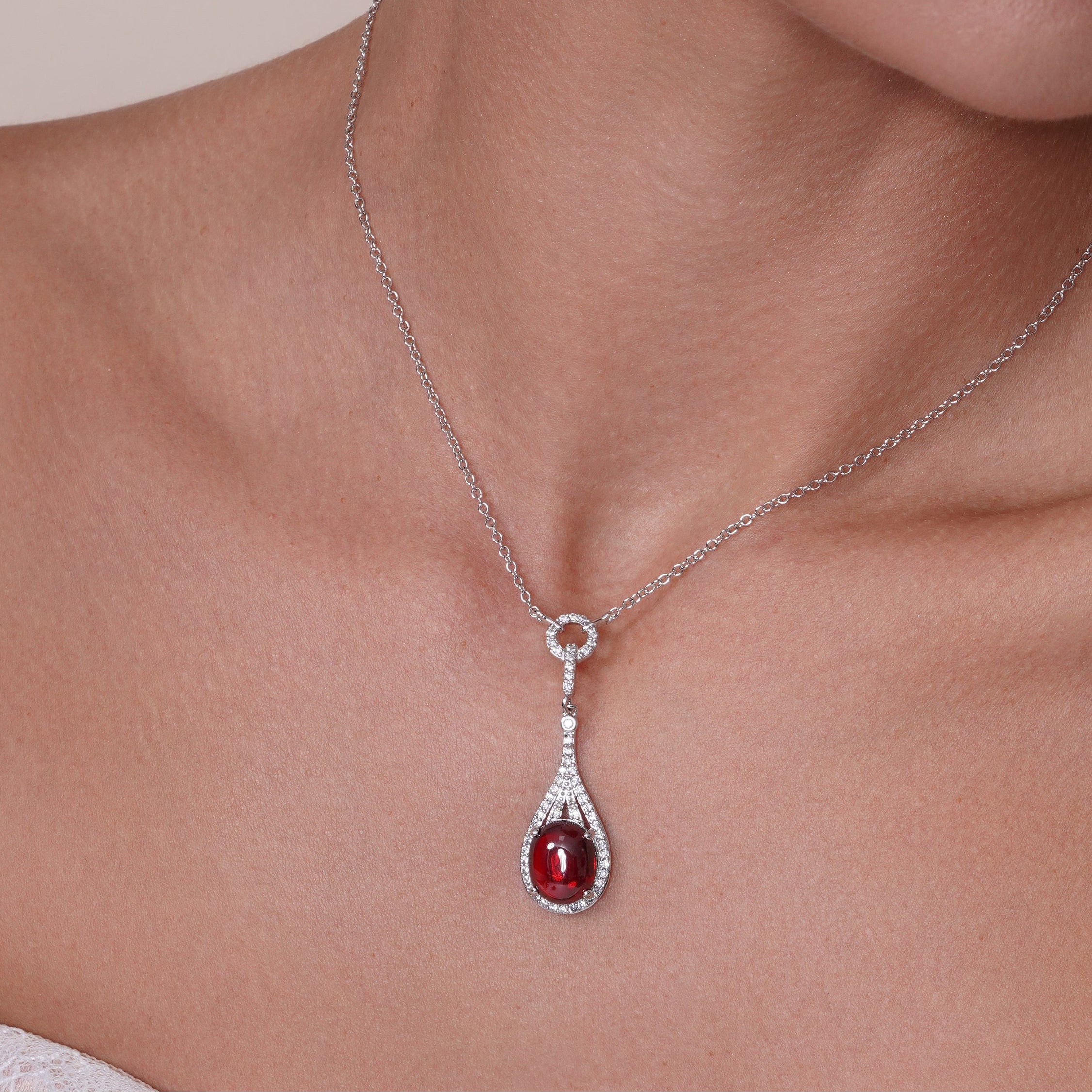 Silver 925 Rhodium Plated Pear Shaped Clear and Red CZ Dangling Stud Earring and Dangling Necklace Set - BGS00434