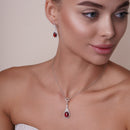 Clearance-Silver 925 Rhodium Plated Pear Shaped Clear and Red CZ Dangling Stud Earring and Dangling Necklace Set - BGS00434
