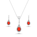 Clearance-Silver 925 Rhodium Plated Pear Shaped Clear and Red CZ Dangling Stud Earring and Dangling Necklace Set - BGS00434