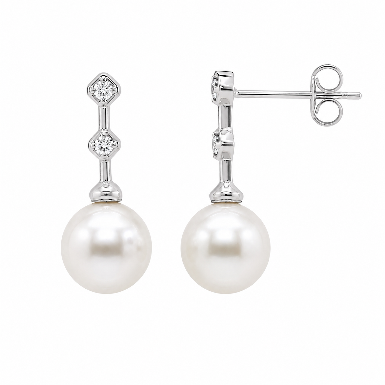 Final Price- Rhodium Plated 925 Sterling Silver Pearl Drop & Clear CZ Hanging Stud Earring and Necklace Set - BGS00451