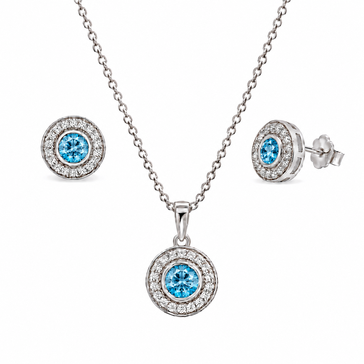 Rhodium Plated 925 Sterling Silver Halo CZ Birthstone Earring & Pendant Sets - BGS00481