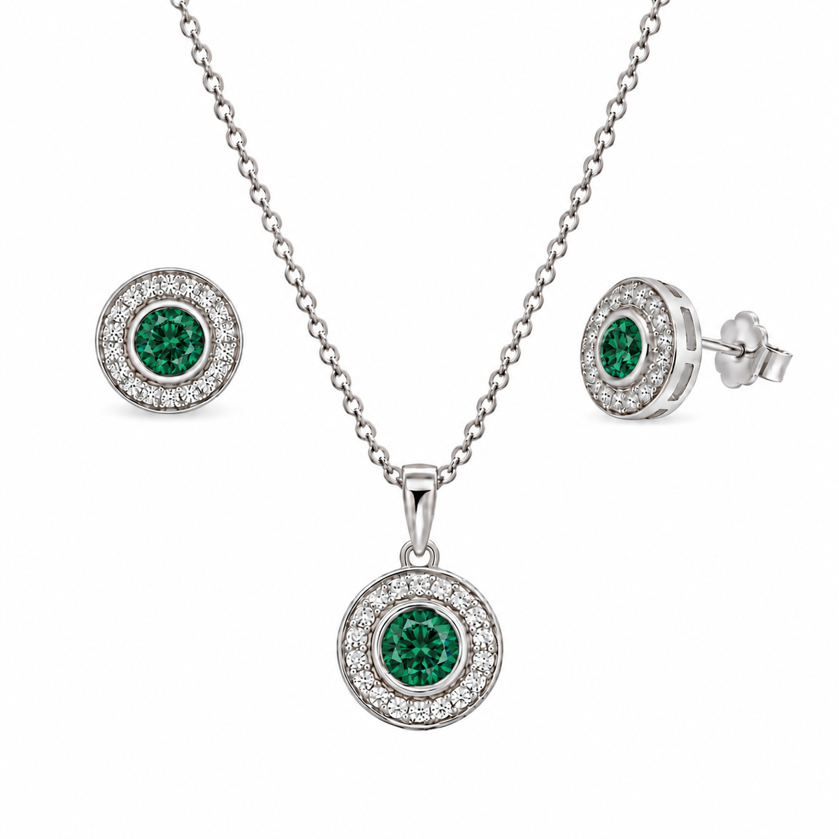 Rhodium Plated 925 Sterling Silver Halo CZ Birthstone Earring & Pendant Sets - BGS00481