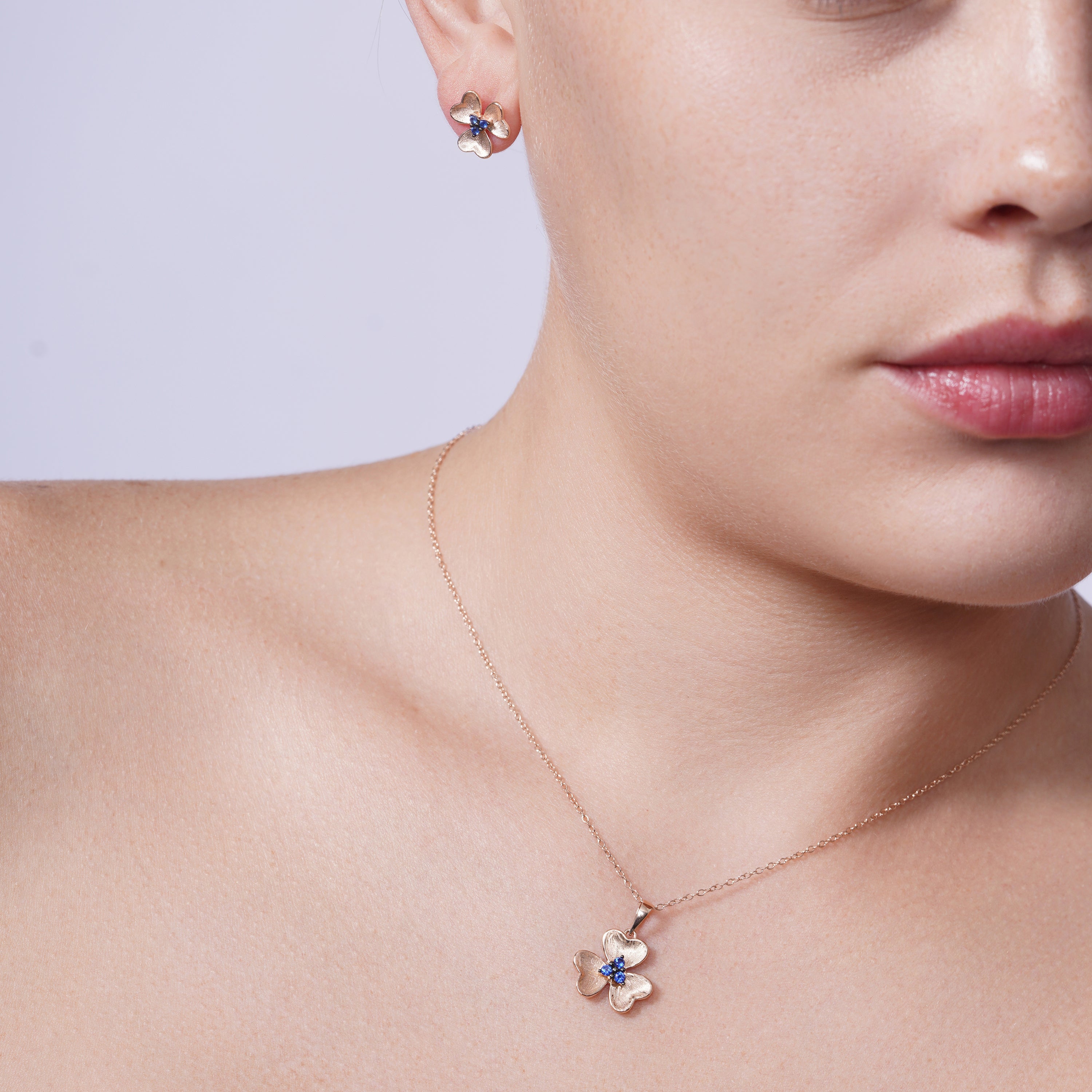 Rose Gold and Black Rhodium Plated 925 Sterling Silver Flower Set with Matte Finish and Blue CZ - BGS00514