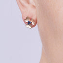 Conjunto de flores de plata de ley 925 con baño de rodio negro y oro rosa, acabado mate y circonita azul - BGS00514