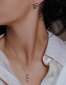 Rhodium Plated 925 Sterling Silver 3 Red Stone CZ Stud Earring and Necklace Set - BGS00522RED