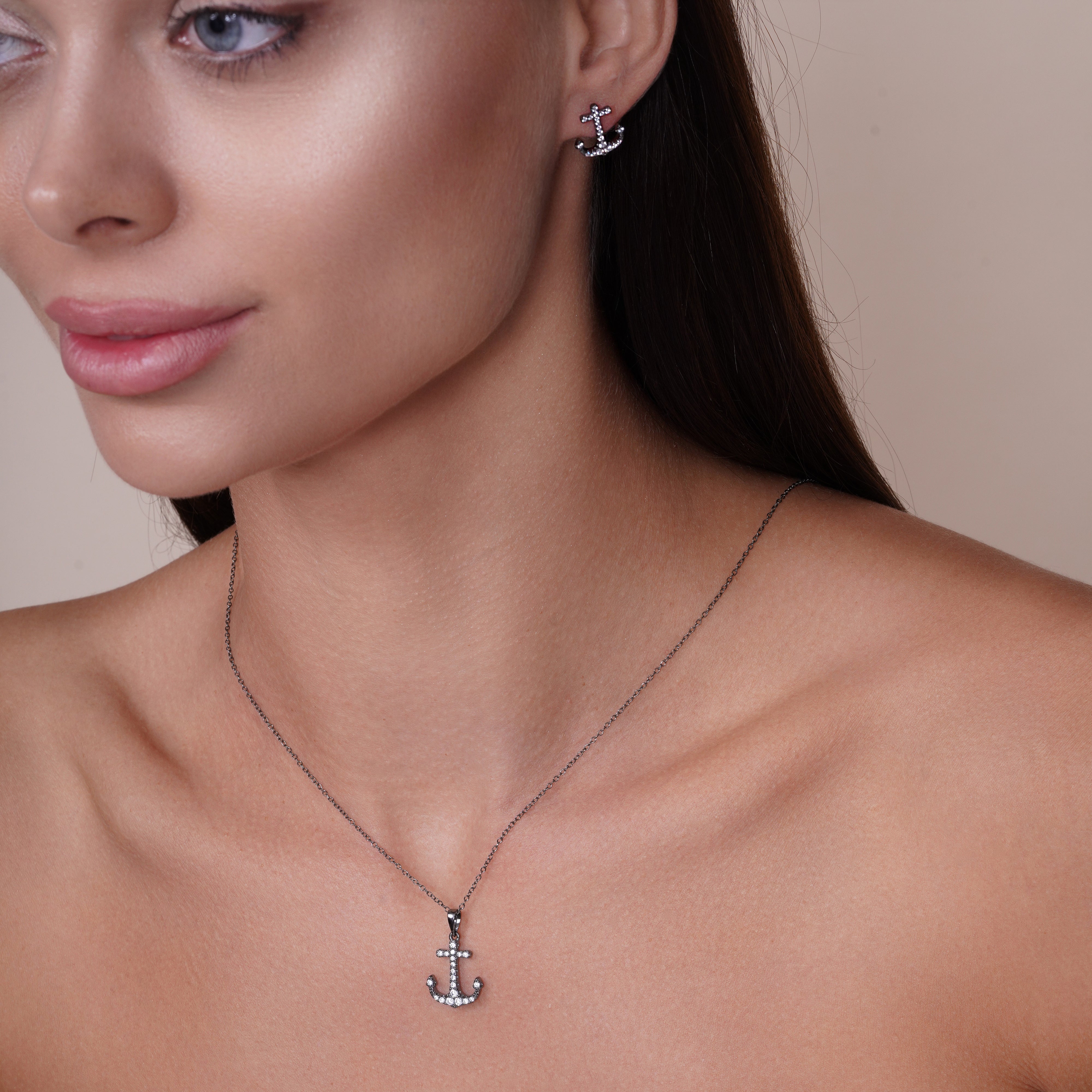 Rhodium Plated 925 Sterling Silver Anchor CZ Earring and Necklace Set - BGS00524