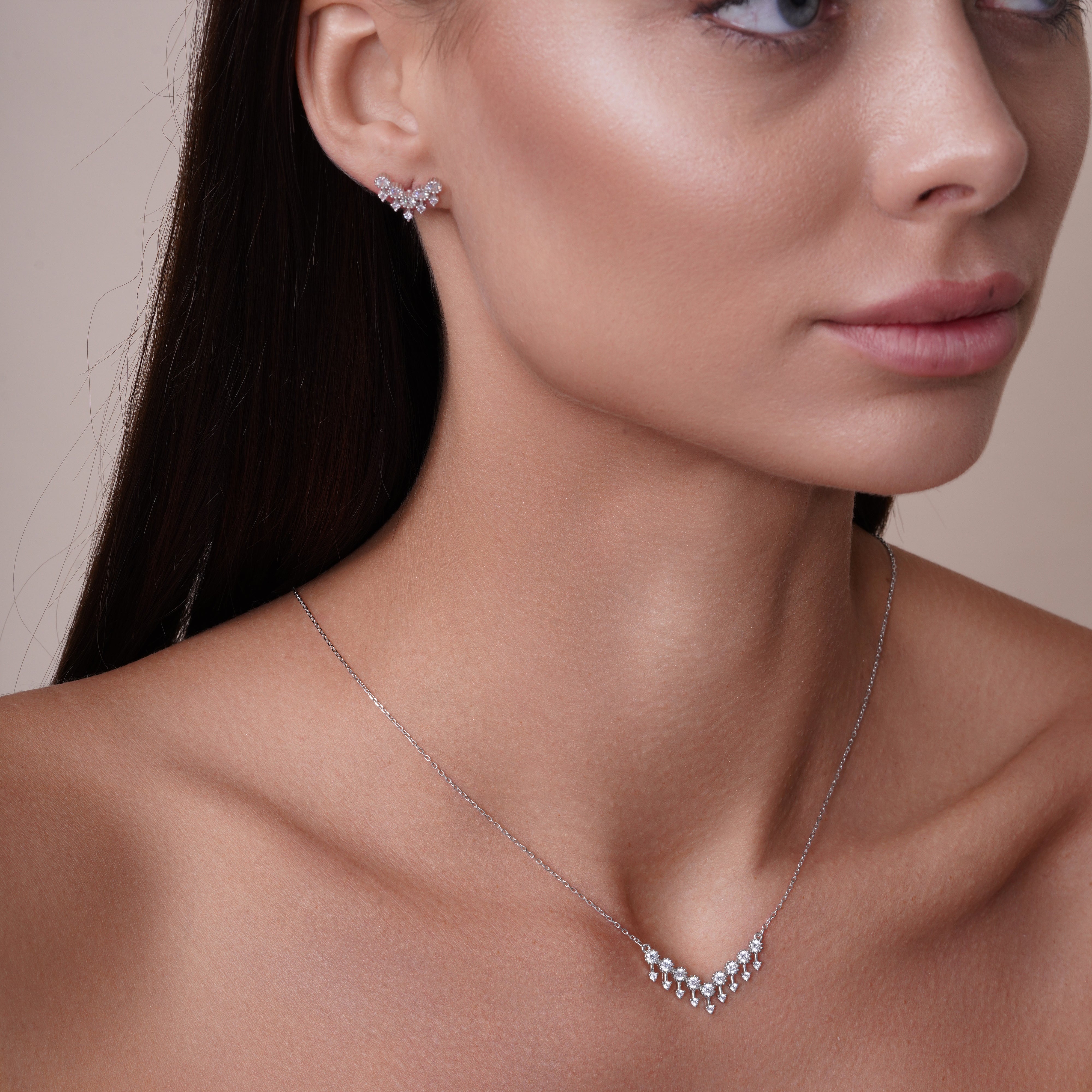 Rhodium Plated 925 Sterling Silver V Arrows Set with CZ - BGS00525