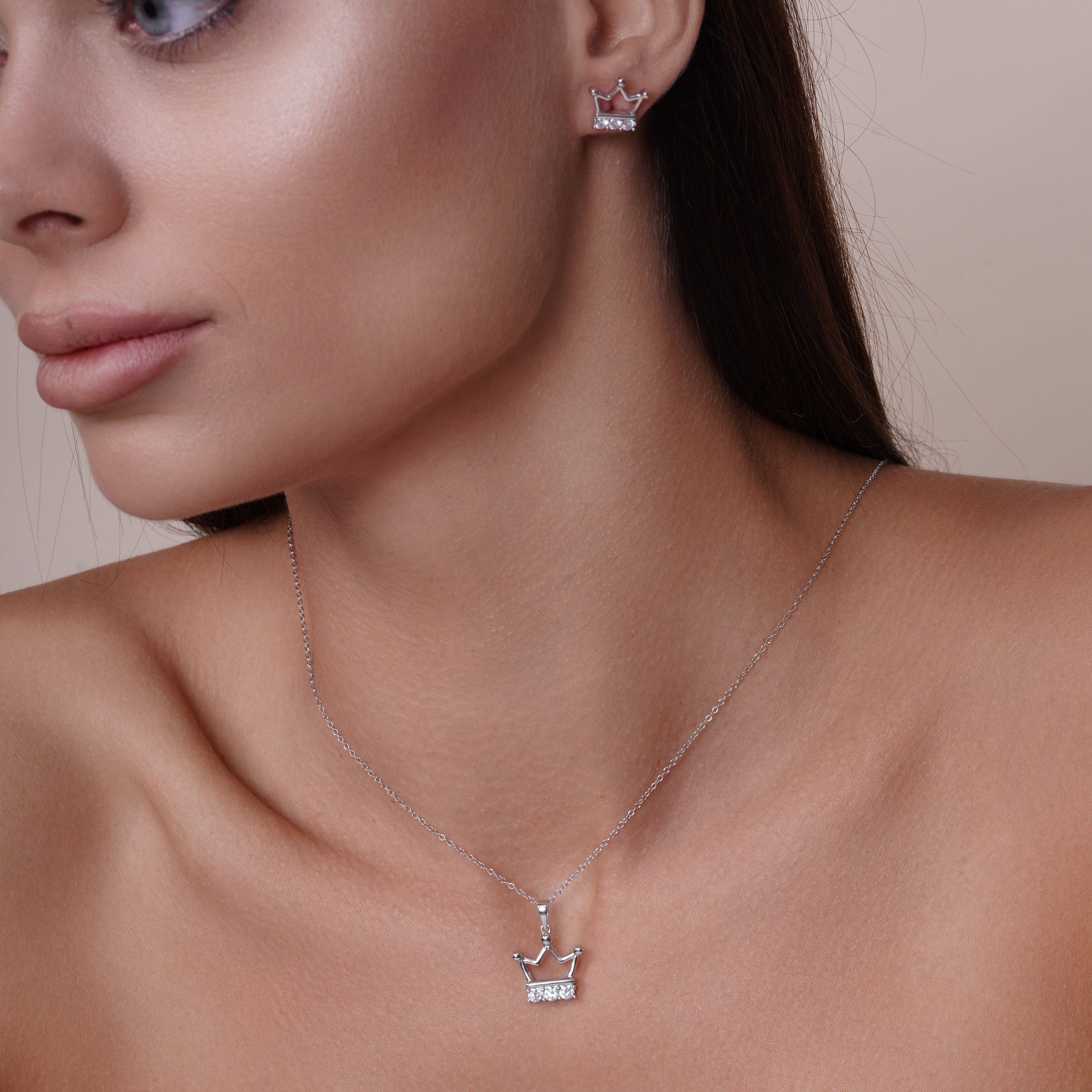Rhodium Plated 925 Sterling Silver Crown Necklace and Earrings Set with CZ - BGS00536