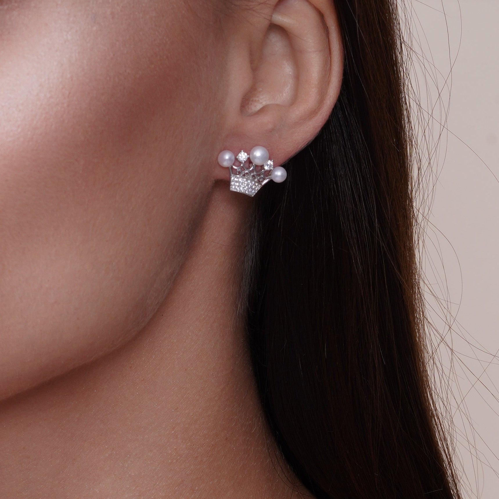 Rhodium Plated 925 Sterling Silver CZ Crown Pendant and Earrings Set with Synthetic Pearls - BGS00540