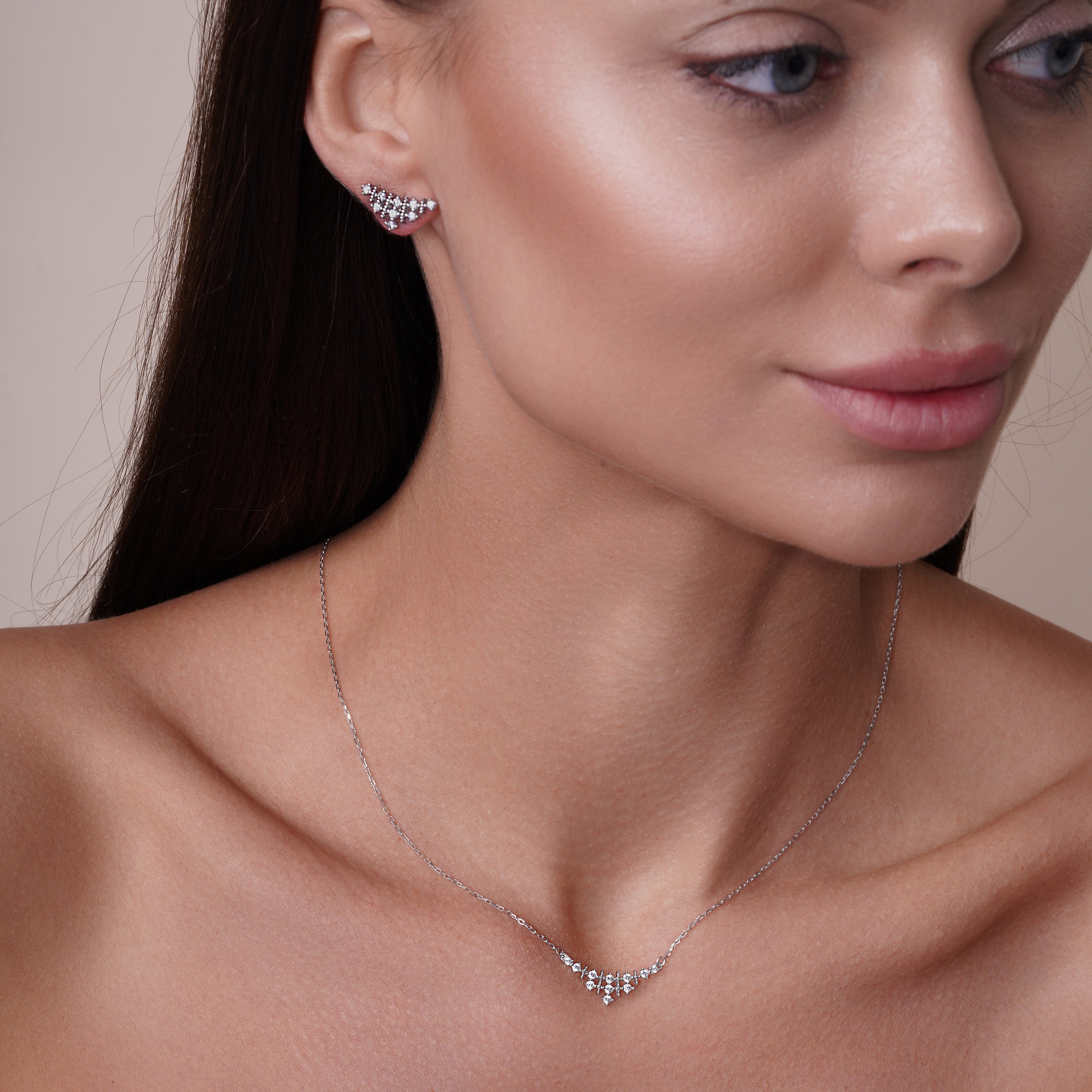 Rhodium Plated 925 Sterling Silver Curved Triangle Pendant Necklace and Stud Earrings Set with CZ - BGS00556