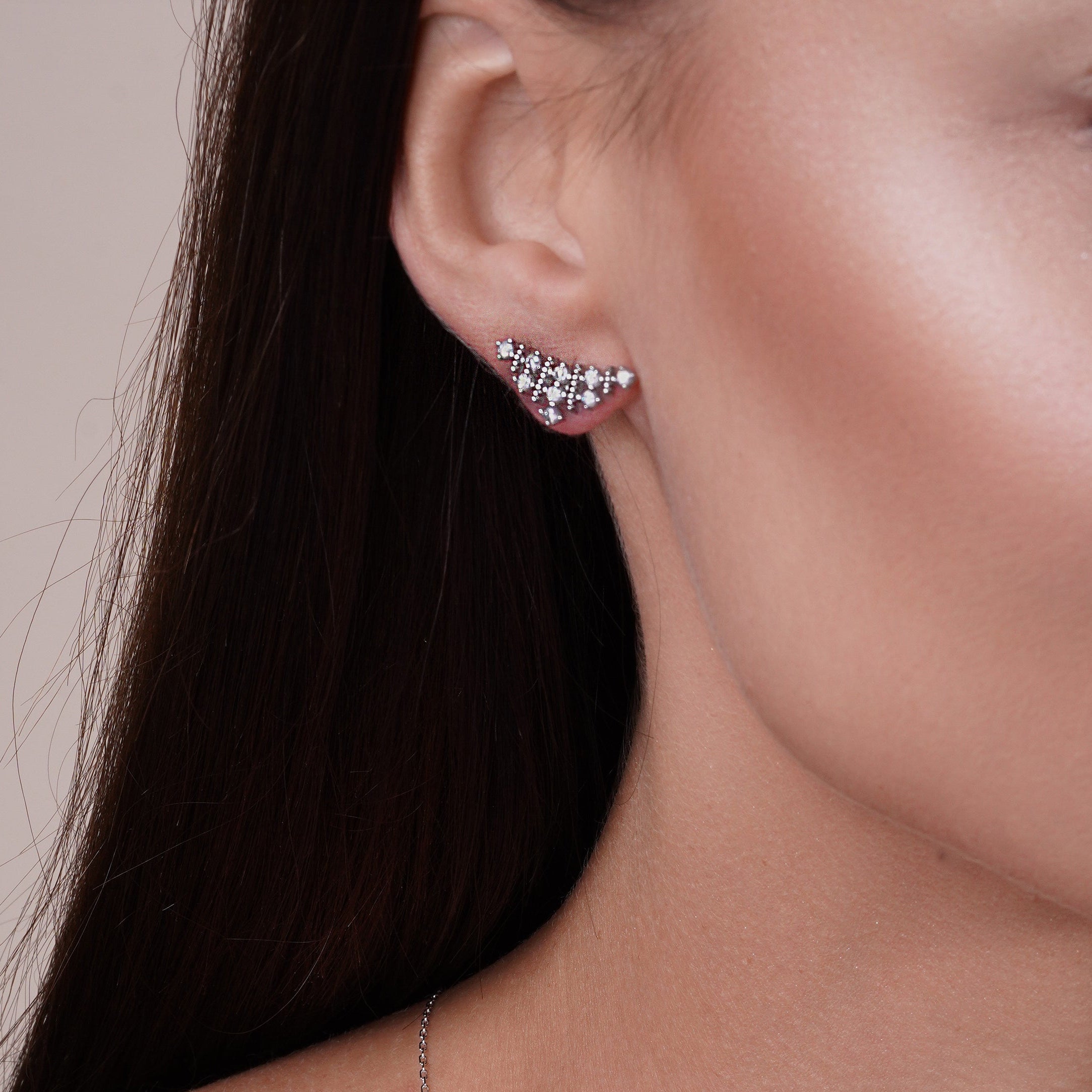 Rhodium Plated 925 Sterling Silver Curved Triangle Pendant Necklace and Stud Earrings Set with CZ - BGS00556