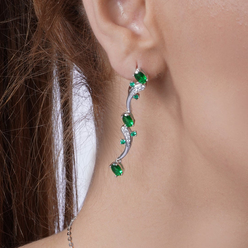 Rhodium Plated 925 Sterling Silver Green CZ Necklace and Dangling Earring Set - BGS00560