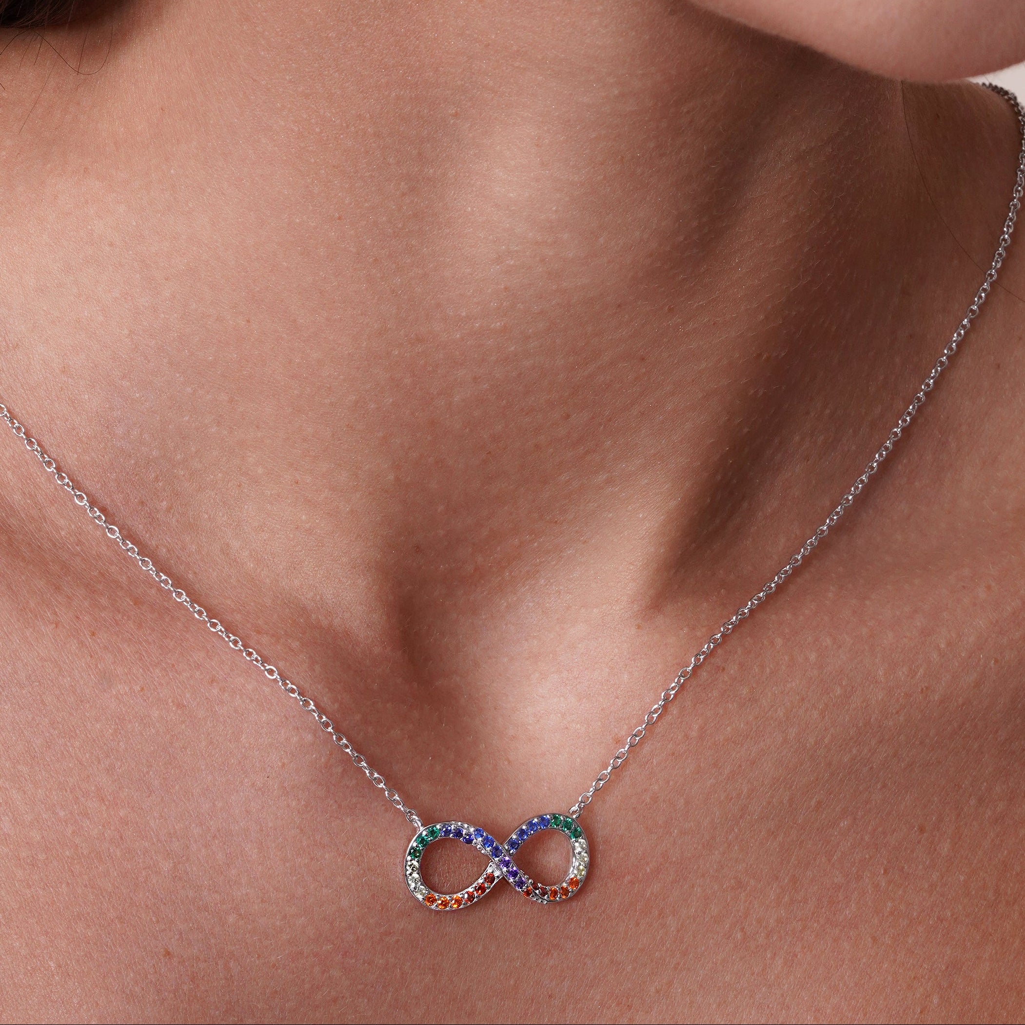 Rhodium Plated 925 Sterling Silver Infinity Pendant Necklace and Stud Earrings Set with Rainbow CZ - BGS00577