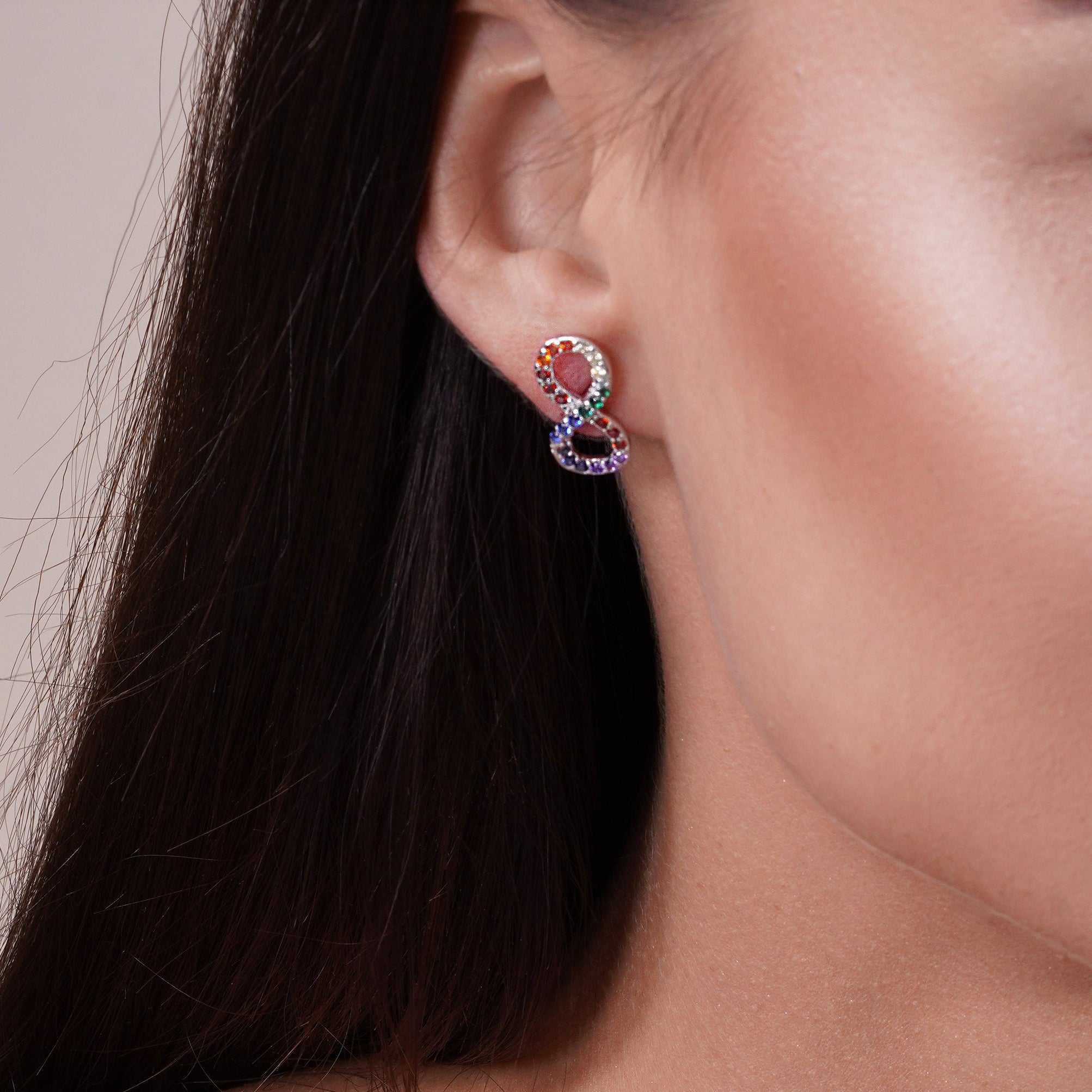 Rhodium Plated 925 Sterling Silver Infinity Pendant Necklace and Stud Earrings Set with Rainbow CZ - BGS00577