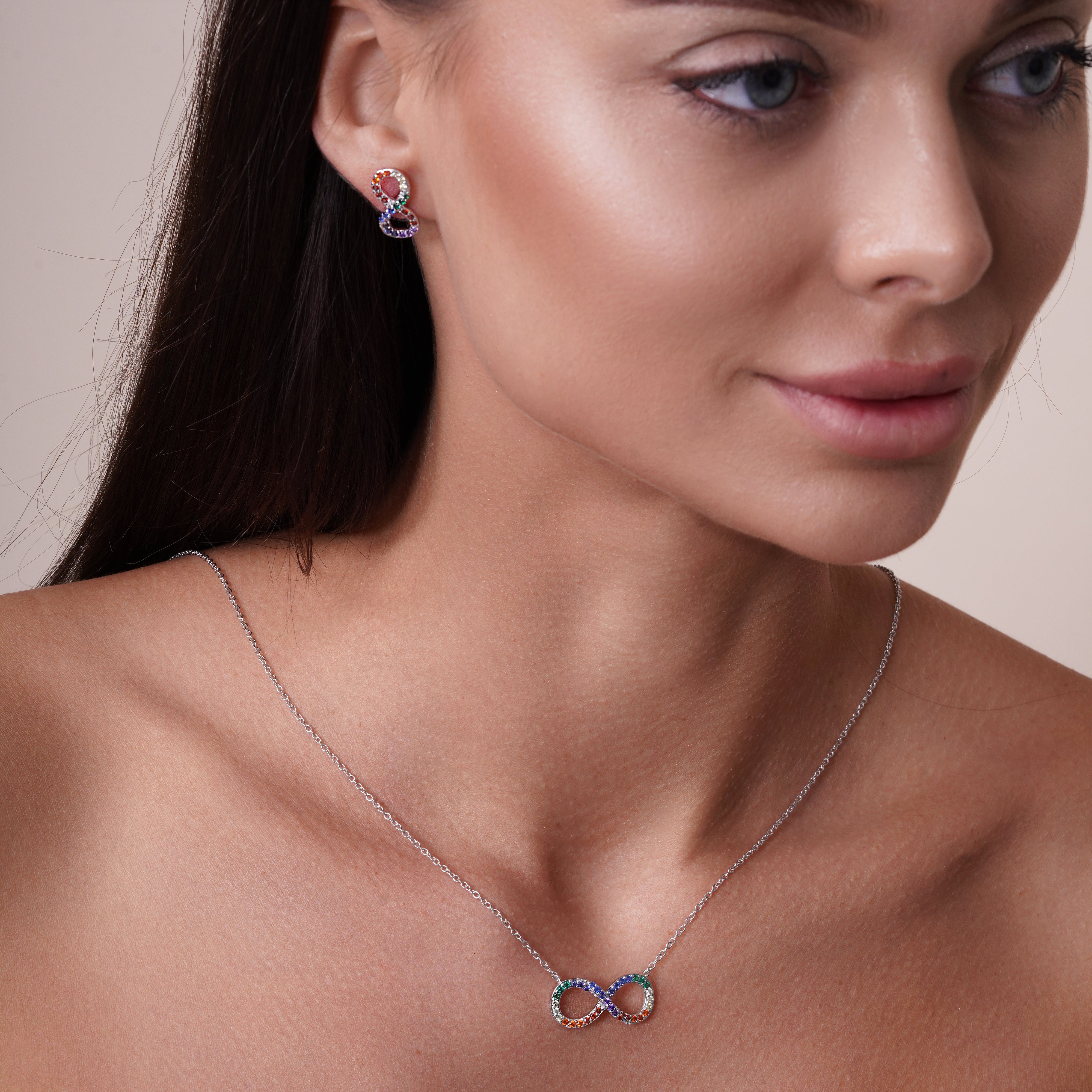 Rhodium Plated 925 Sterling Silver Infinity Pendant Necklace and Stud Earrings Set with Rainbow CZ - BGS00577