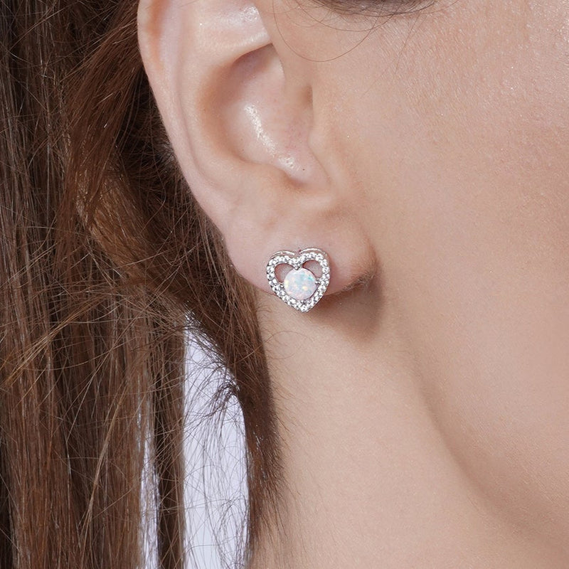 Rhodium Plated 925 Sterling Silver Synthetic Opal Heart CZ Set - BGS00585